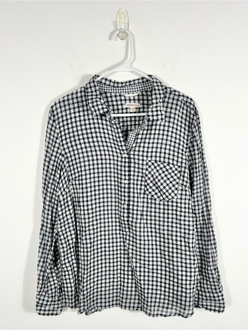 Merona Womens Gingham Button Down Shirt XXL Black White Check Long Sleeve Blouse